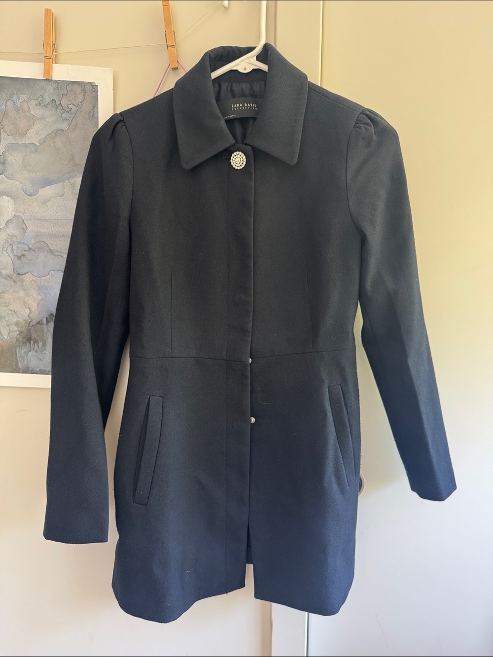 Zara Navy Blue Coat with Decorative Rhinestone Button XS